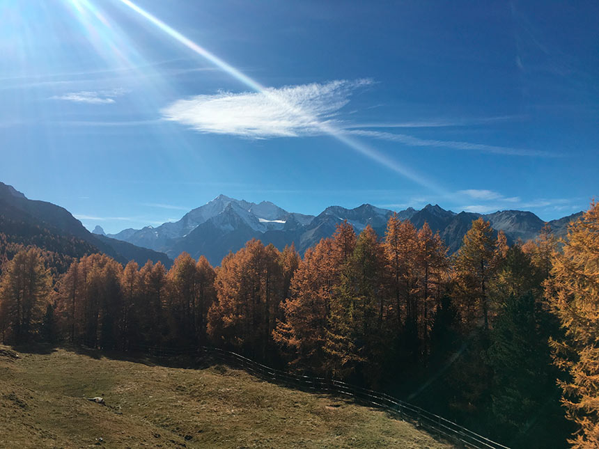 Grächen im Herbst auf der Hannigalp mit Blick auf die  Walliser Alpen